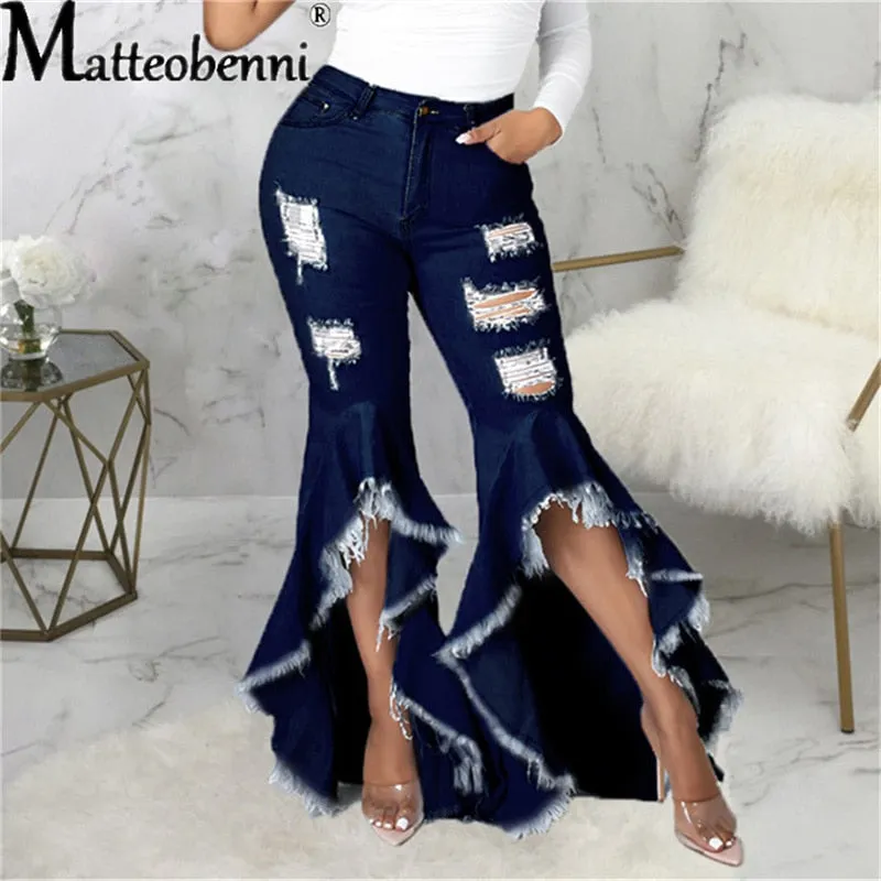 Sexy Ripped Jeans Fringe Hollow Out Ruffle Water Wash Flare Denim Pants New High Waist Bodycon Hole Women Trousers Club Outfits