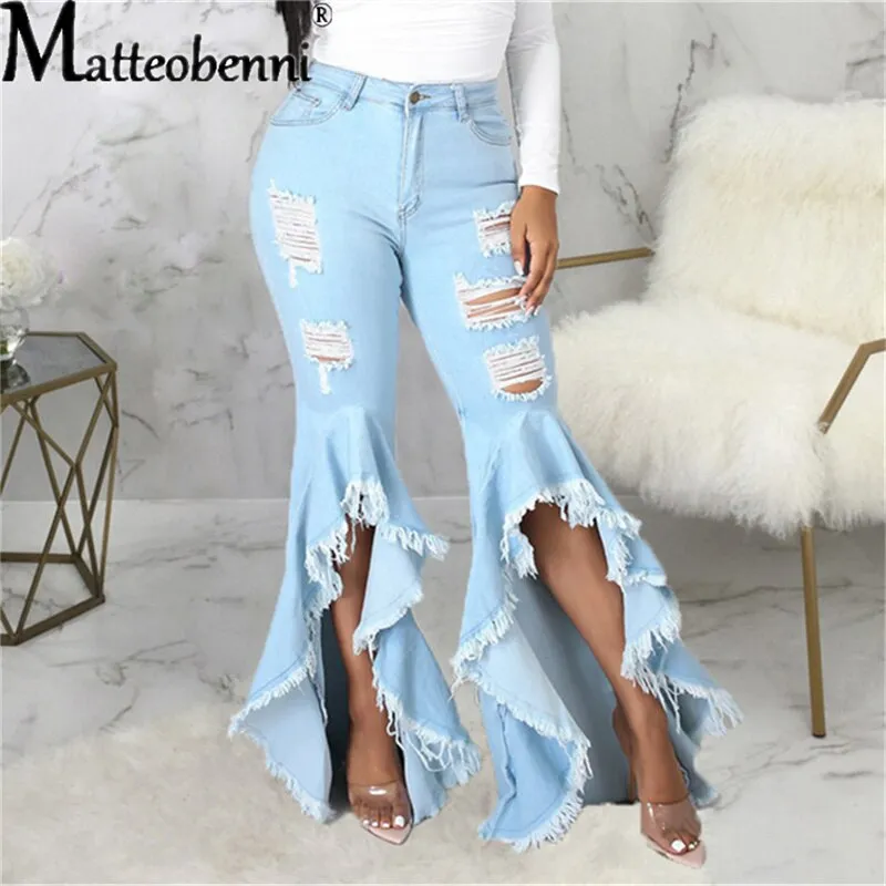 Sexy Ripped Jeans Fringe Hollow Out Ruffle Water Wash Flare Denim Pants New High Waist Bodycon Hole Women Trousers Club Outfits