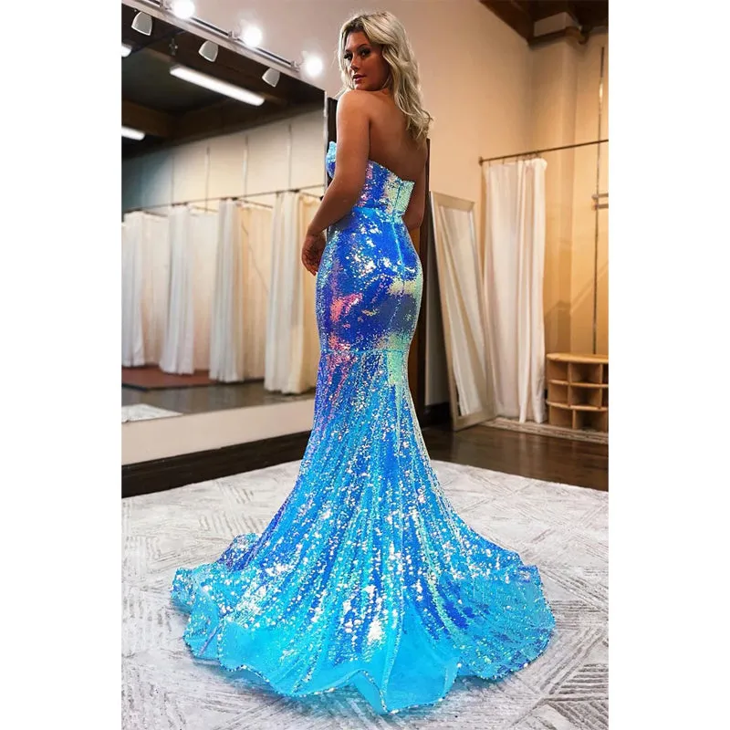 Sexy V-neck Sequins Sparkly Prom Dress with Slit