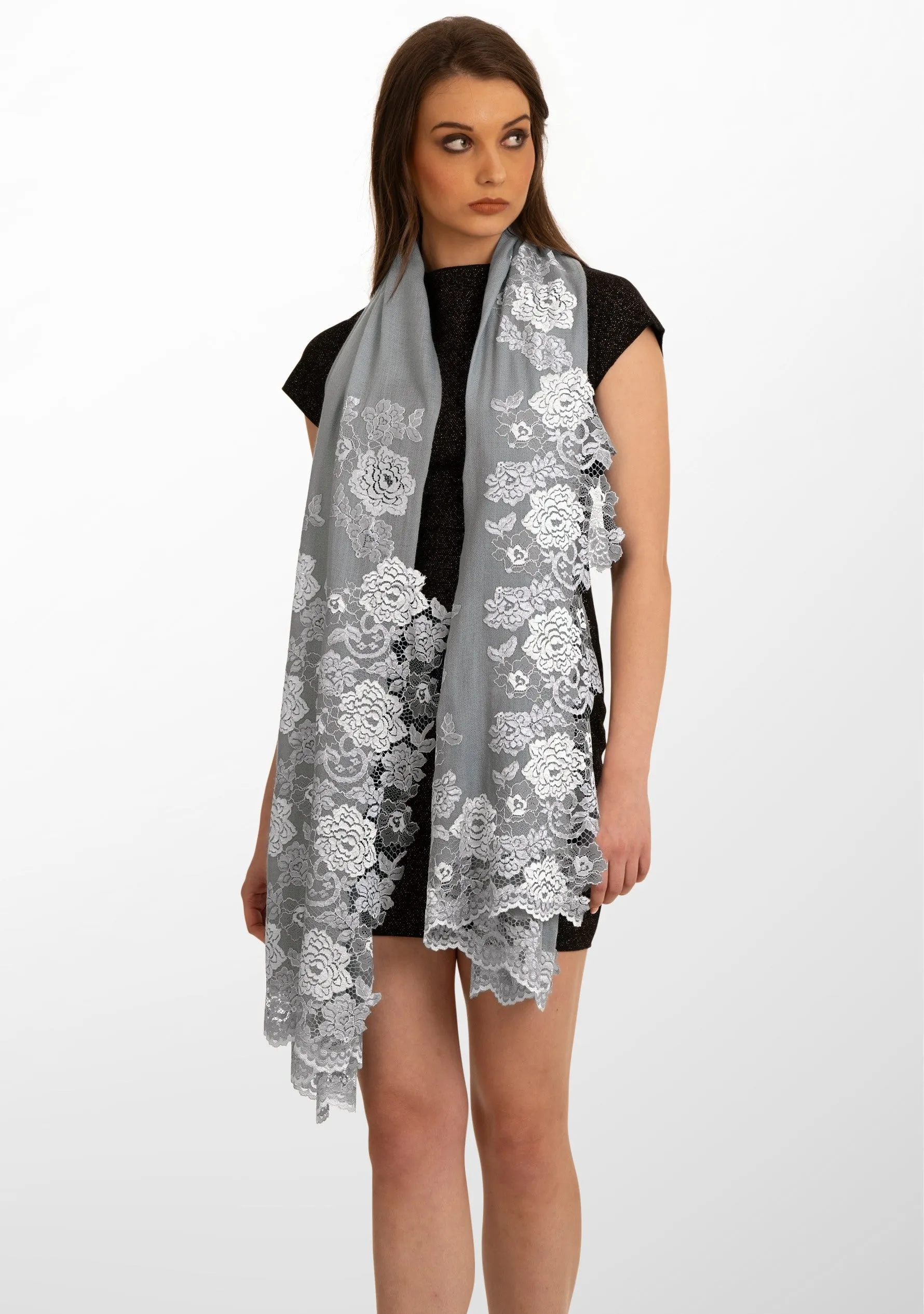 Silver Grey Cashmere Scarf with Dual Shade Silver Grey and Lt. Blue Chantilly Lace