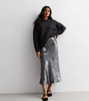 Silver Metallic Flare Midi Skirt