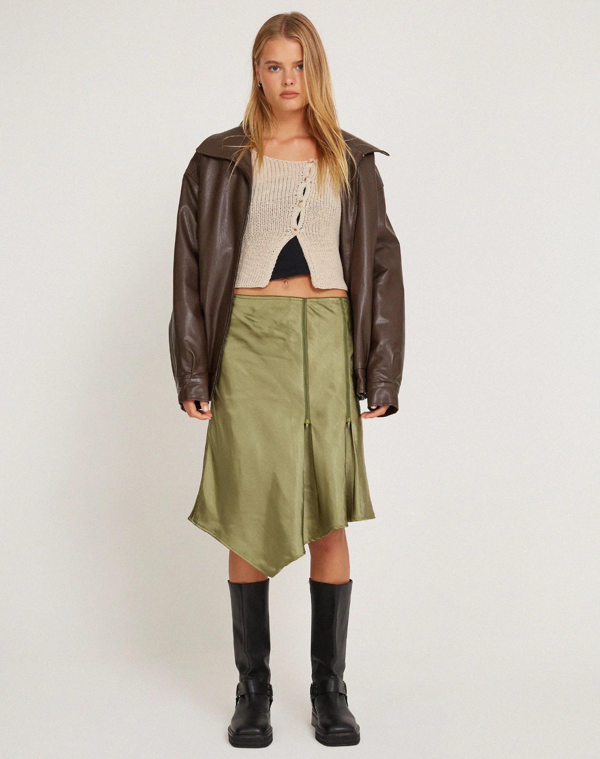 Slaza Midi Skirt in Satin Olive