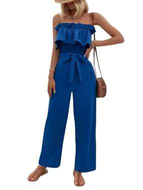 Sleeveless Blue Strapless Waist Tie Jumpsuit for Women