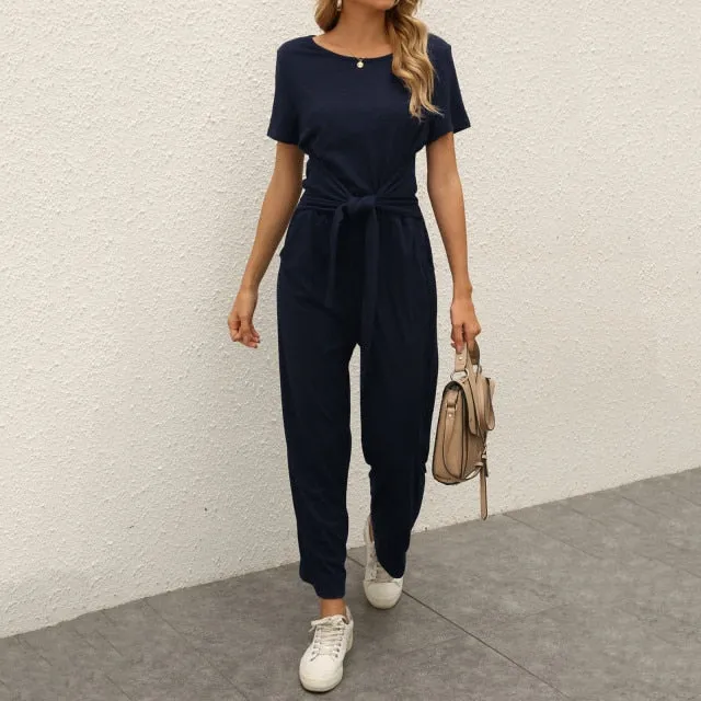 Solid Color O-neck Pocket Casual Chiffon Overalls