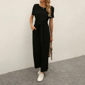 Solid Color O-neck Pocket Casual Chiffon Overalls