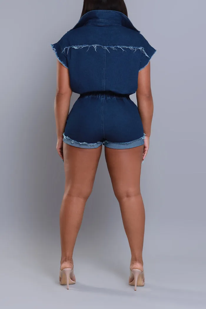 Still Waiting Distressed Denim Romper - Dark Wash