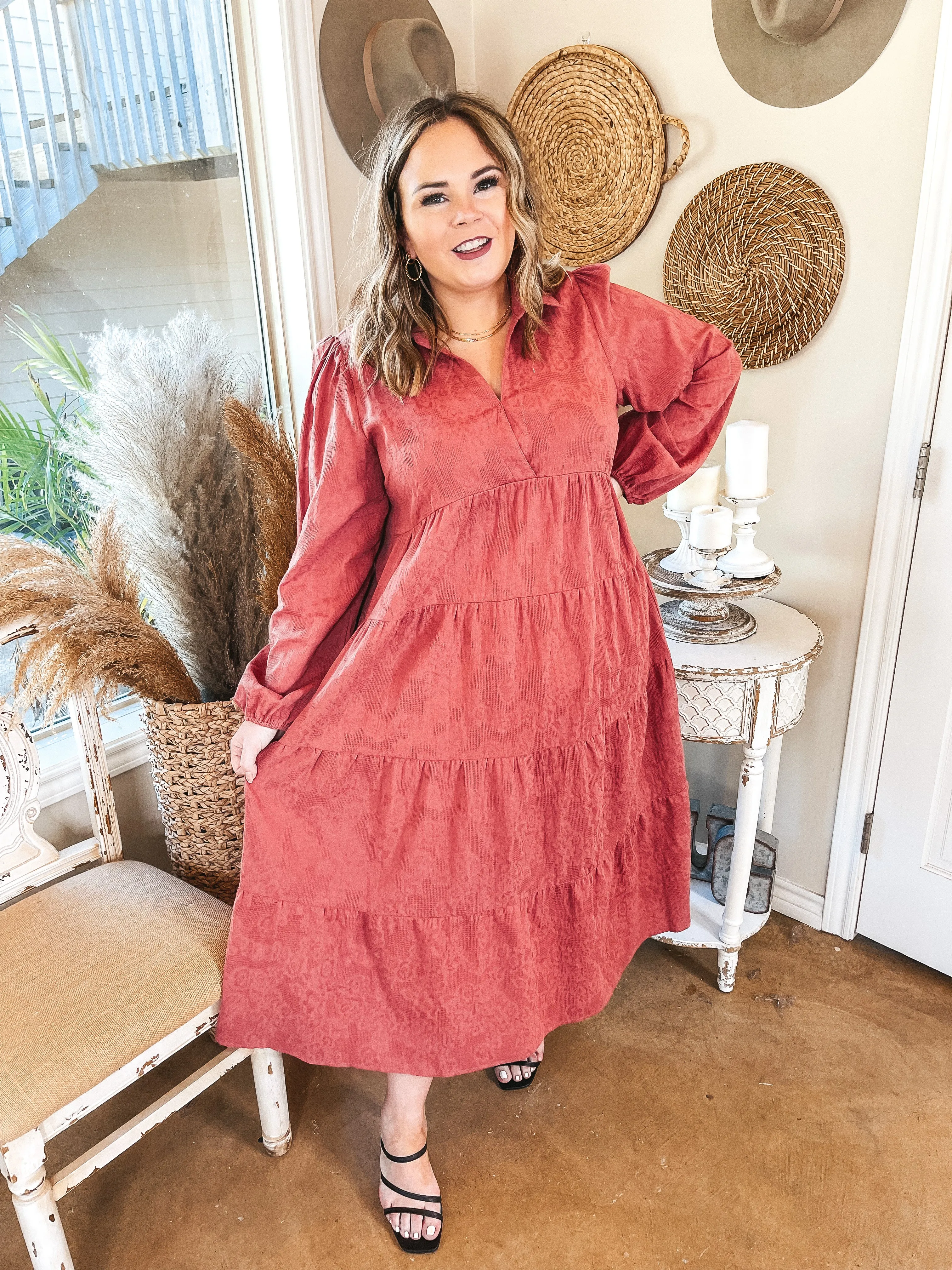 Sweet Glances Long Sleeve Tiered Midi Dress in Dusty Coral