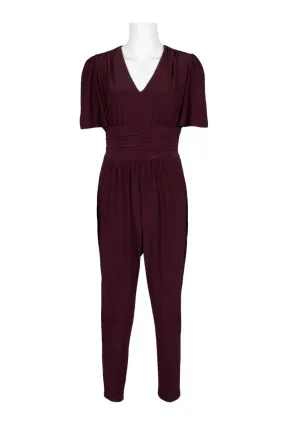 Taylor Short Sleeve V-Neck Jersey Jumpsuit with Ruched Back and Zipper Closure