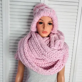 THREE BIRD NEST Pink Chunky Knit Acrylic Scarf and Hat Set