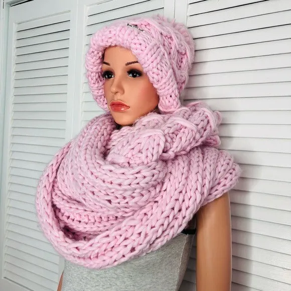 THREE BIRD NEST Pink Chunky Knit Acrylic Scarf and Hat Set