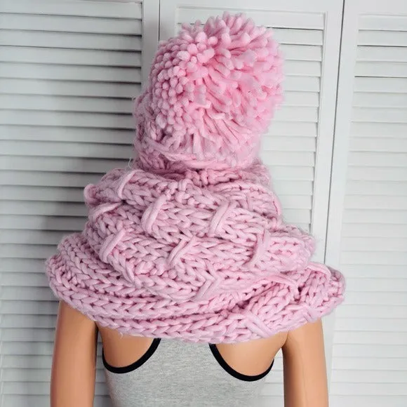 THREE BIRD NEST Pink Chunky Knit Acrylic Scarf and Hat Set