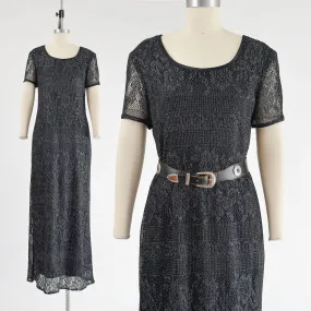 Vintage 90s Black Sheer Lace Metallic Silver Boho Whimsigoth Maxi Dress size M L