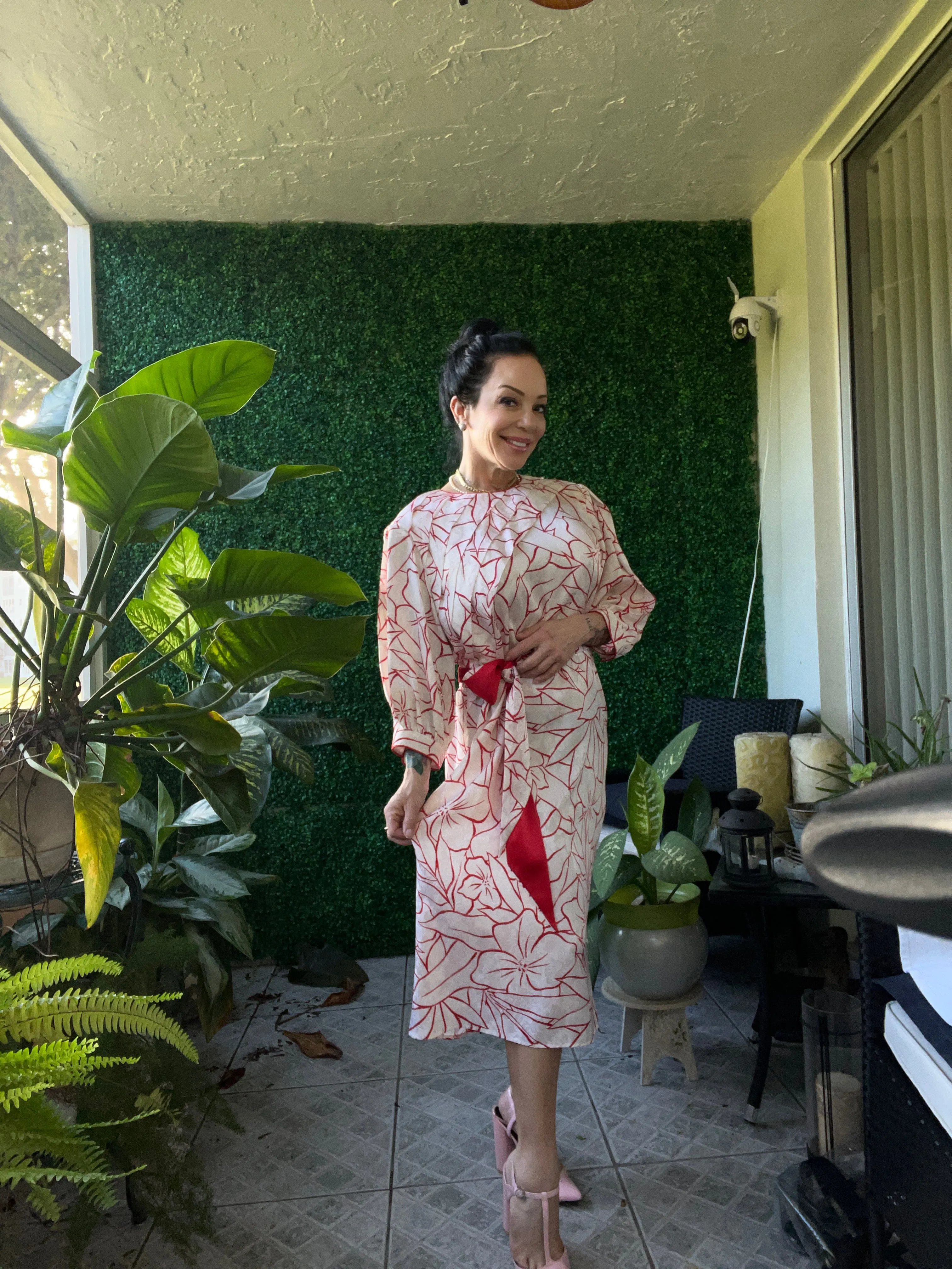 Vintage Flora Kung red and white silk dress