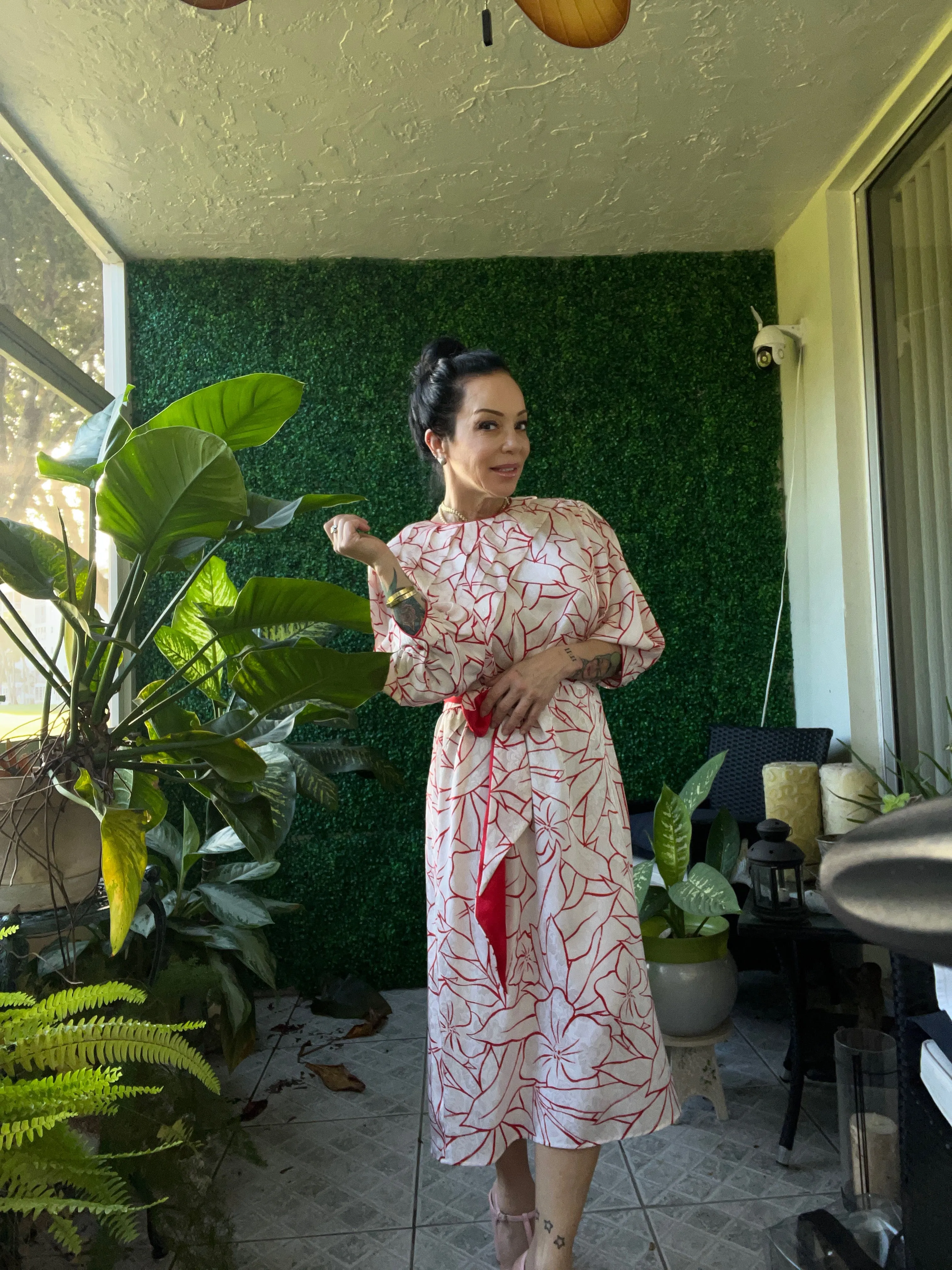 Vintage Flora Kung red and white silk dress