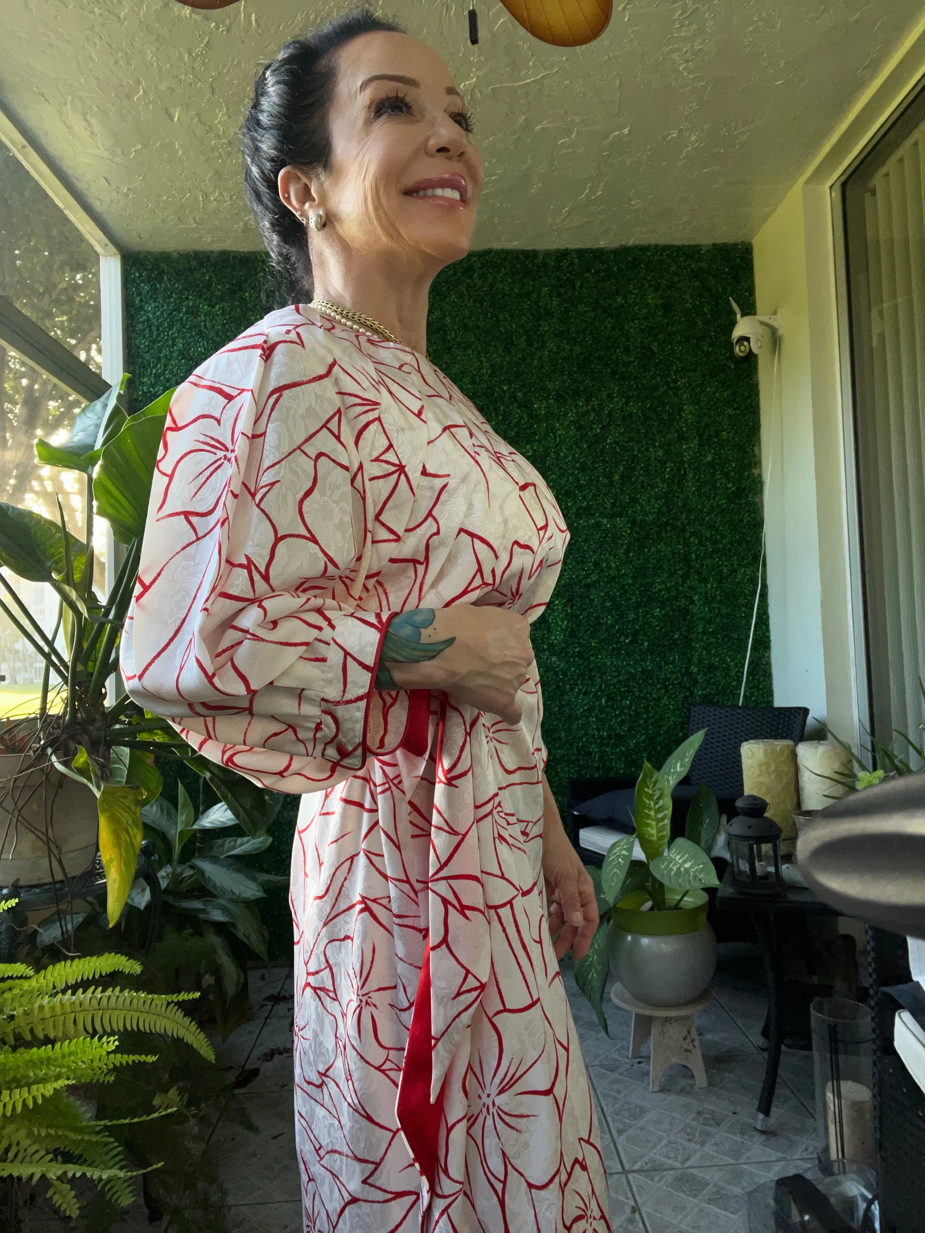 Vintage Flora Kung red and white silk dress