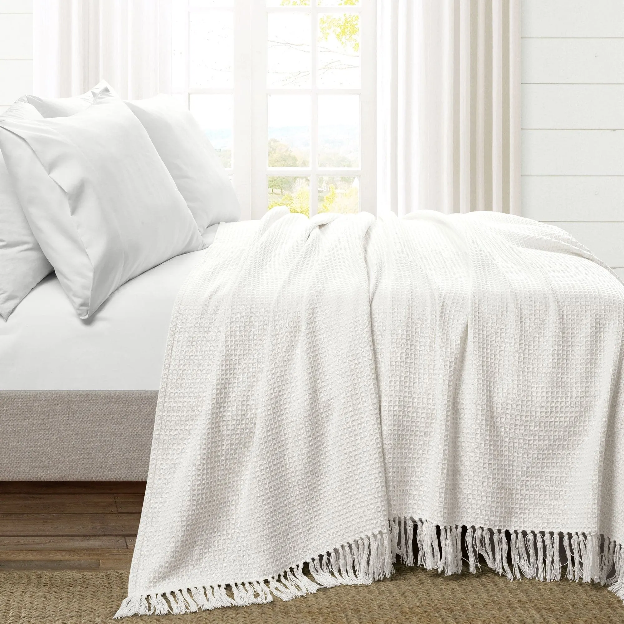 Waffle Cotton Knit Tassel Fringe Blanket/Coverlet