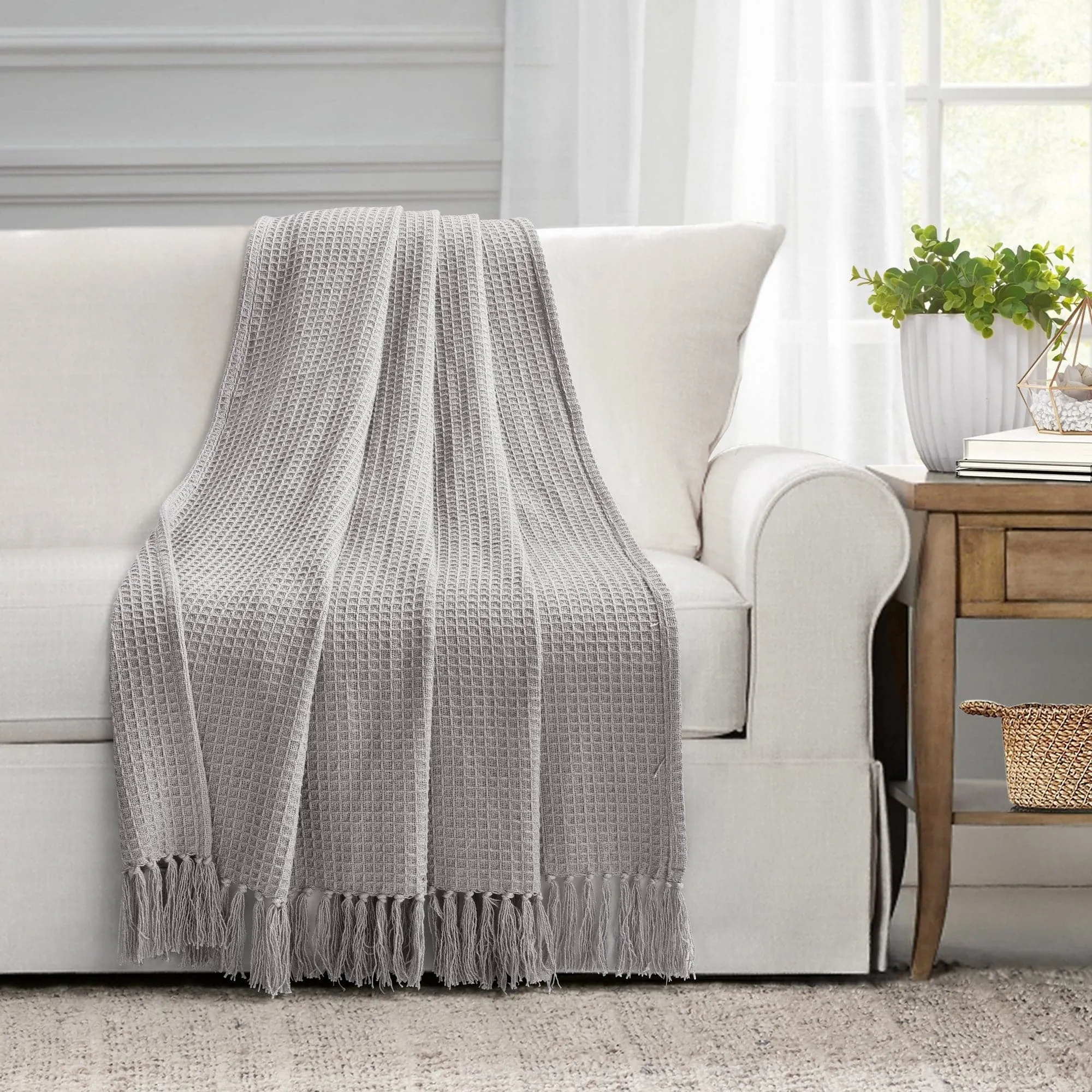 Waffle Cotton Knit Tassel Fringe Throw