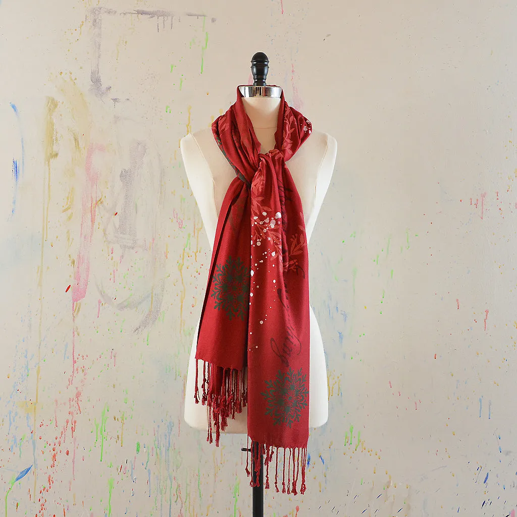 Walter Knabe Hand Printed Pashmina Scarf Merry Everything Red