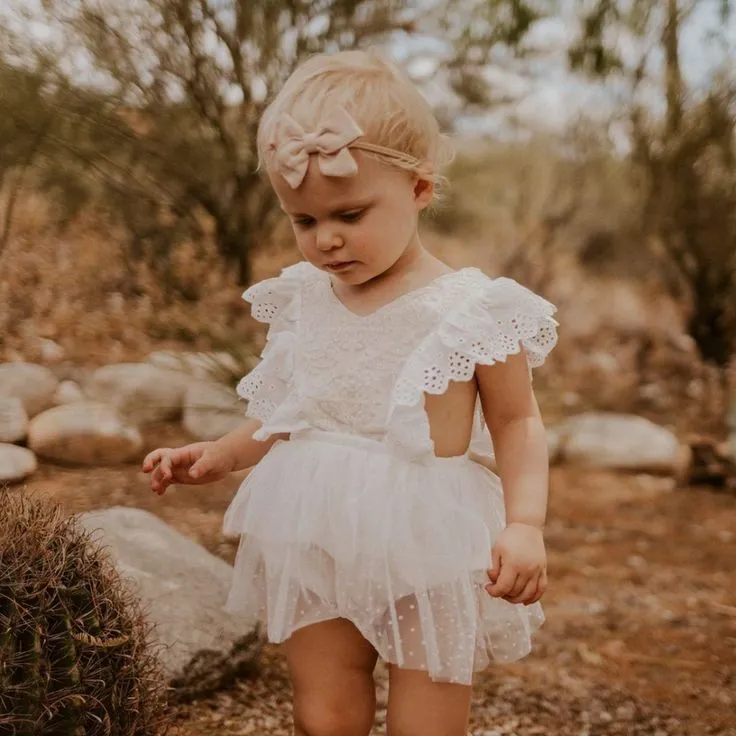 White Lace Romper Dress with Ruffled Detail #1000668