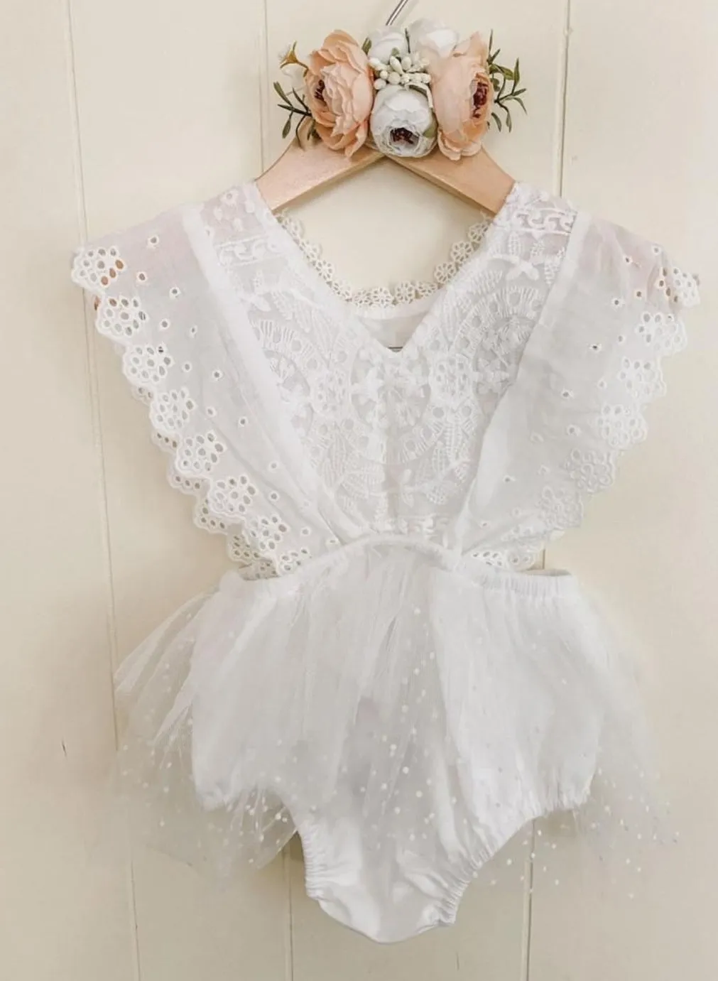 White Lace Romper Dress with Ruffled Detail #1000668