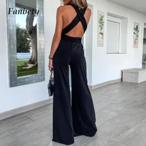 Women High Waist Lace Up Wide Leg Pants Summer Jumpsuit