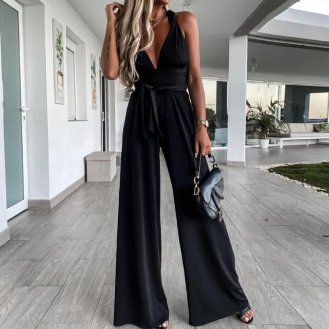 Women High Waist Lace Up Wide Leg Pants Summer Jumpsuit