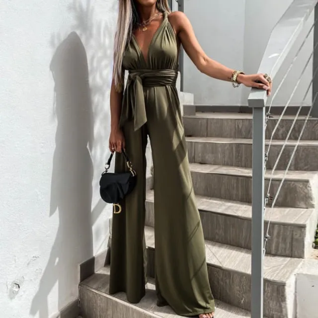 Women High Waist Lace Up Wide Leg Pants Summer Jumpsuit