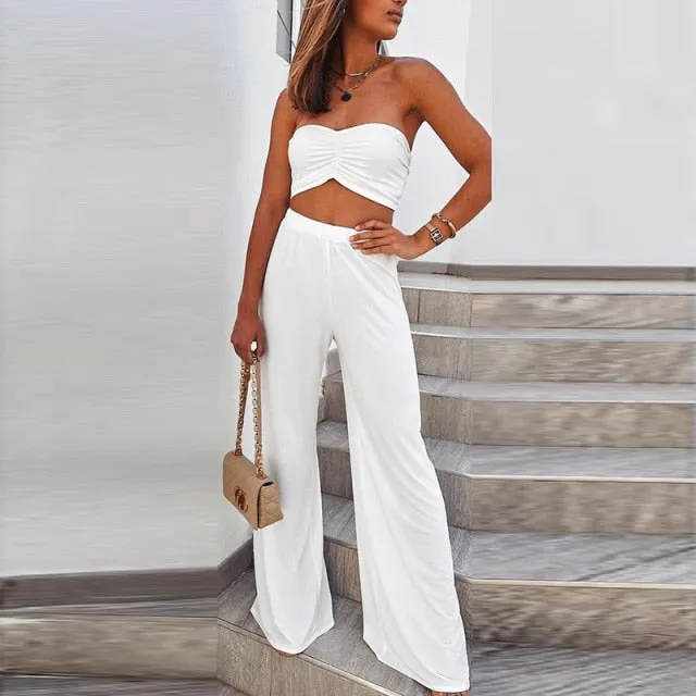 Women High Waist Lace Up Wide Leg Pants Summer Jumpsuit