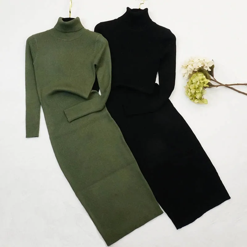 Women Knitted Dress Turtleneck Sweater Dresses Bodycon Long Sleeve Bottoming Dress Vestidos