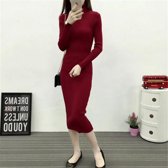 Women Knitted Dress Turtleneck Sweater Dresses Bodycon Long Sleeve Bottoming Dress Vestidos