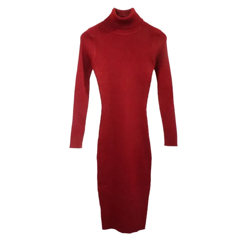 Women Knitted Dress Turtleneck Sweater Dresses Bodycon Long Sleeve Bottoming Dress Vestidos