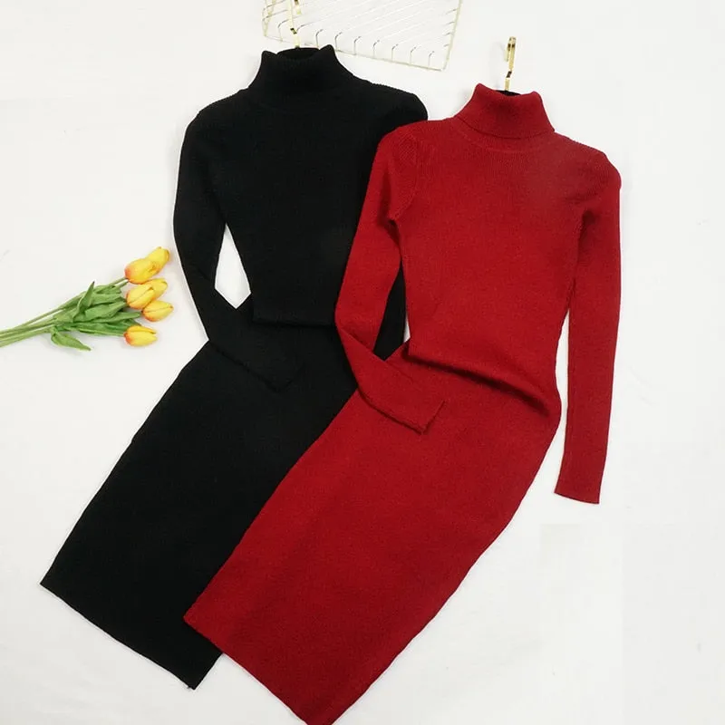 Women Knitted Dress Turtleneck Sweater Dresses Bodycon Long Sleeve Bottoming Dress Vestidos