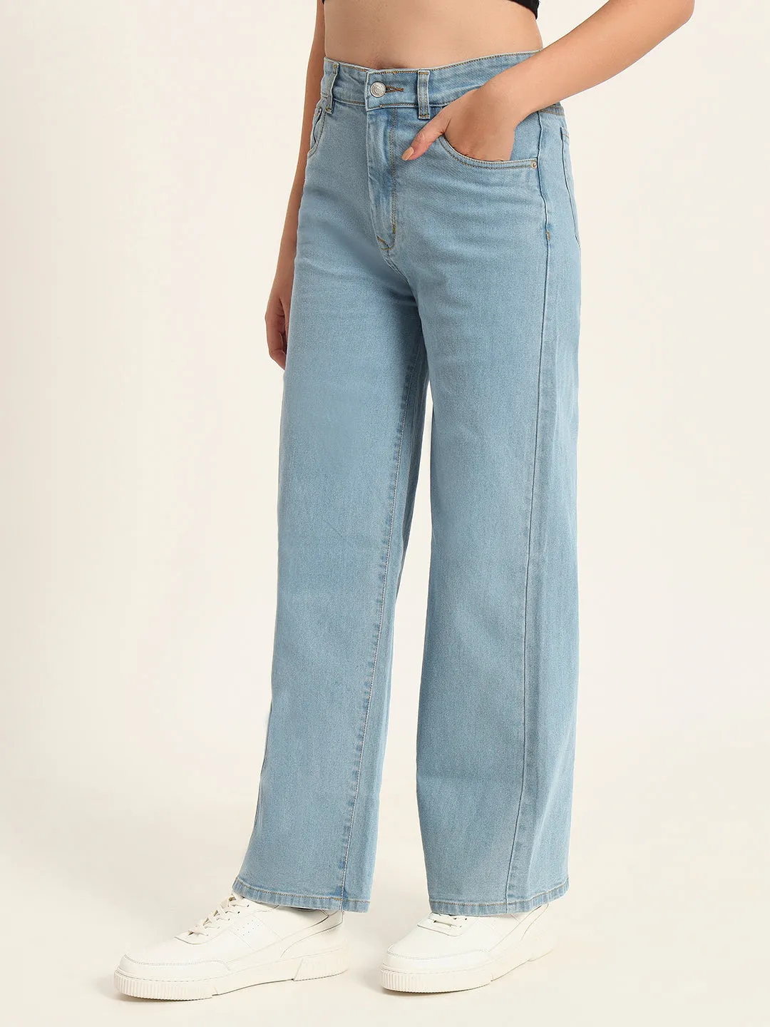 WOMEN LIGHT BLUE WIDE LEG STRETCHABLE JEANS