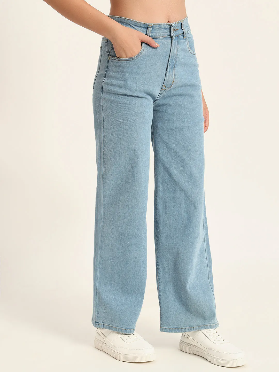 WOMEN LIGHT BLUE WIDE LEG STRETCHABLE JEANS