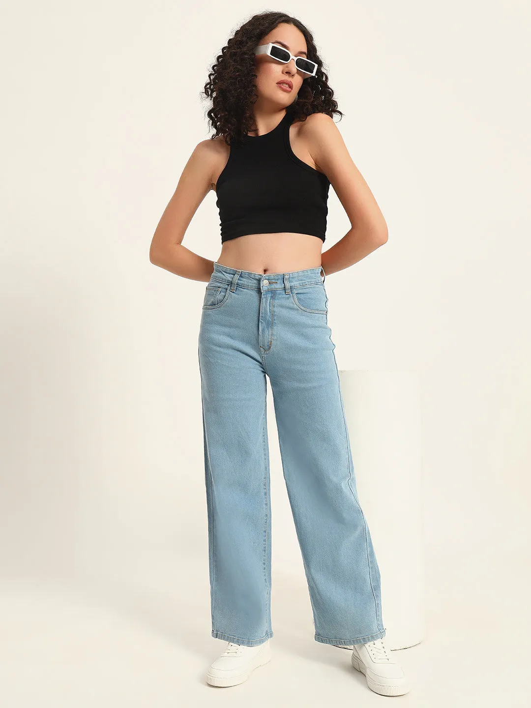 WOMEN LIGHT BLUE WIDE LEG STRETCHABLE JEANS