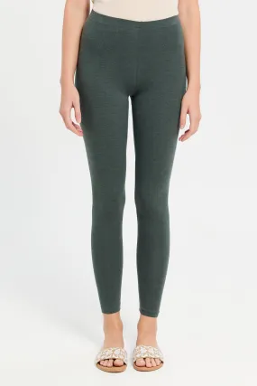 Women Olive And Grey Solid Leggings (Pack of 2)