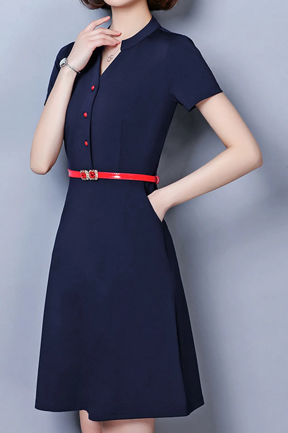 Women Versatile Solid Colored Half Sleeve Easy V-Neck Above Knee Thin Summer Fashionable Lightweight Dress - C13697ZWD