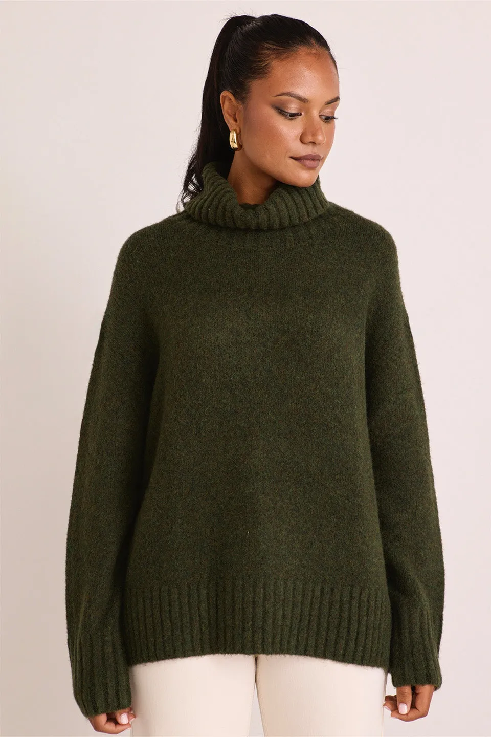 Zealous Dark Khaki Roll Neck Super Soft Knit Jumper